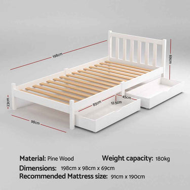 Artiss Single Bed Frame Size Wooden Platform with 2 Storage Drawers White SOFIE